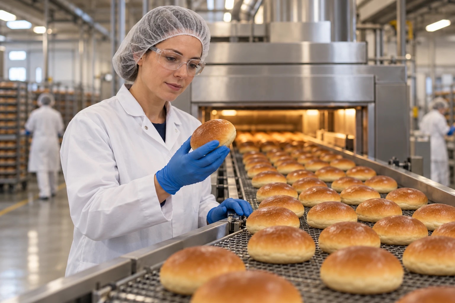 A quality leader in a white coat, hairnet, safety glasses and gloves checking a bun as it leaves a tunnel oven in an industrial bakery