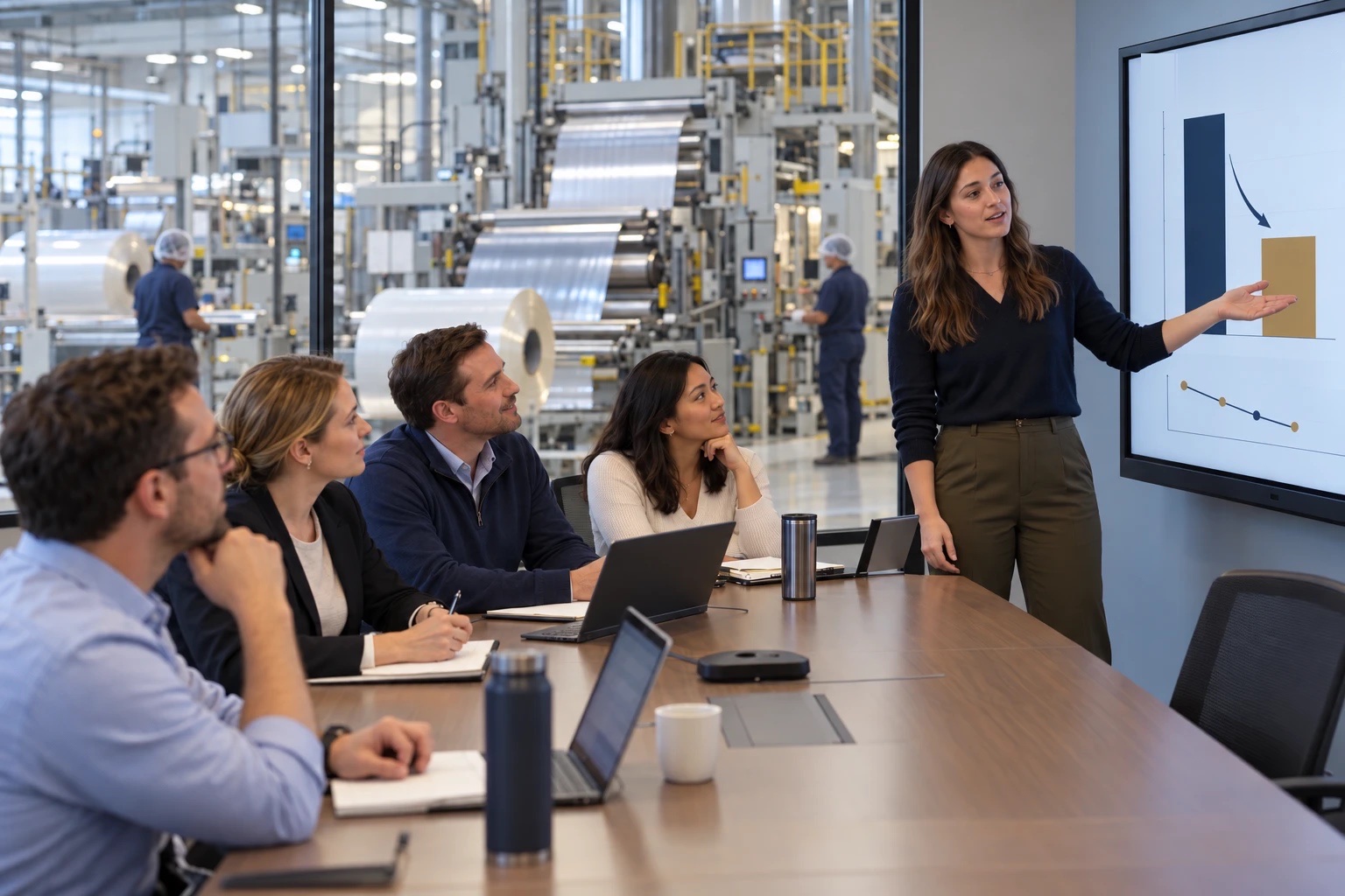 A young Green Belt candidate presenting a before-and-after project result to plant leaders in a conference room overlooking a packaging film plant