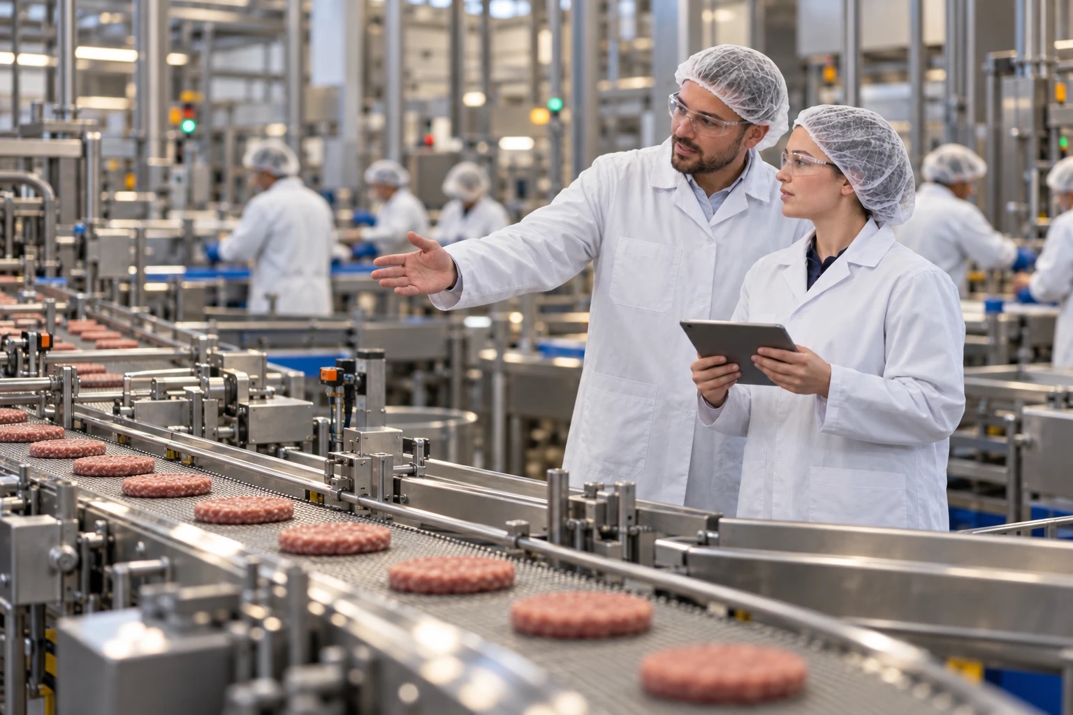 A plant leader coaching a younger supervisor beside a patty line in a protein plant, both in white coats, hairnets and safety glasses
