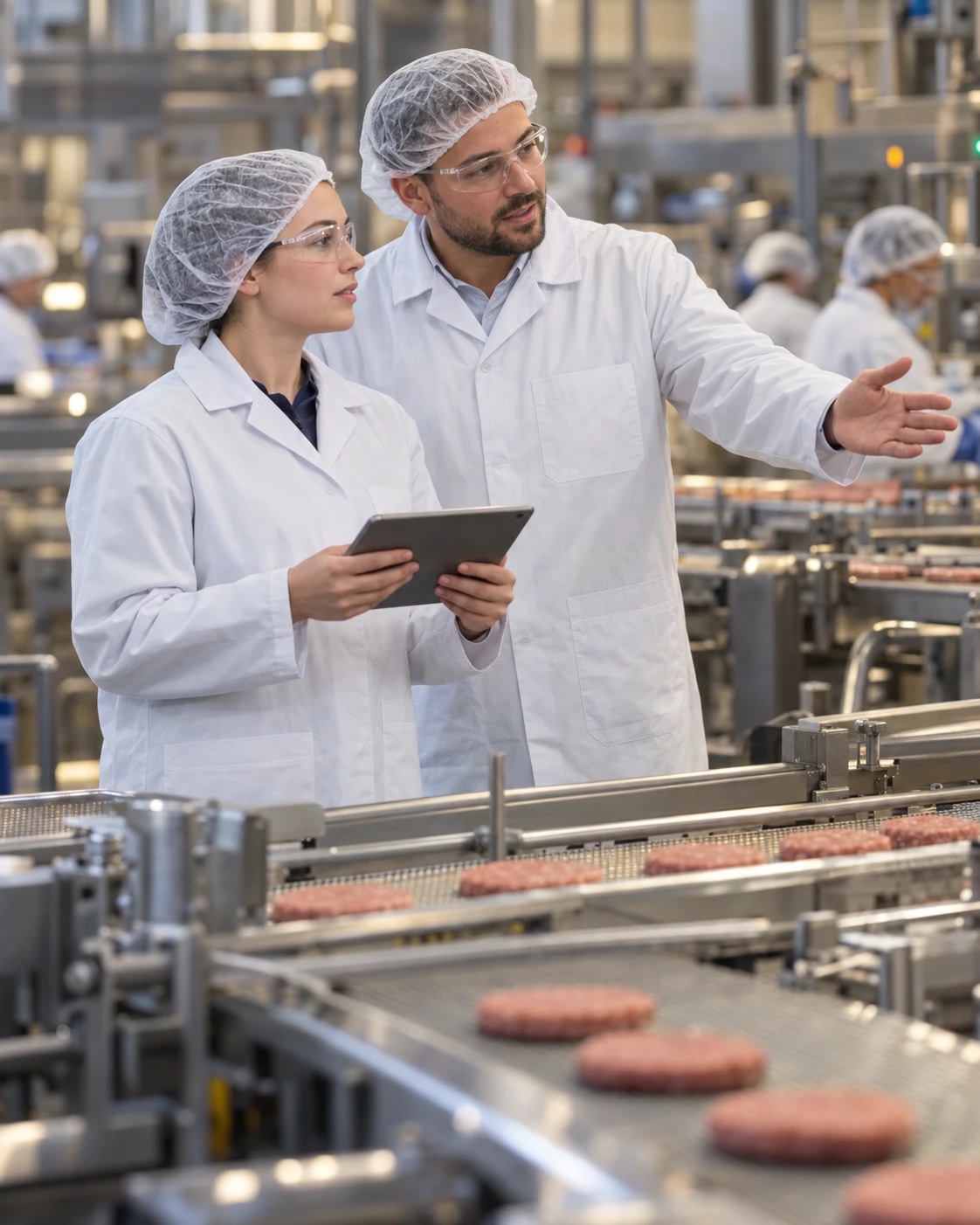 A plant leader coaching a younger supervisor beside a patty line in a protein plant, both in white coats, hairnets and safety glasses