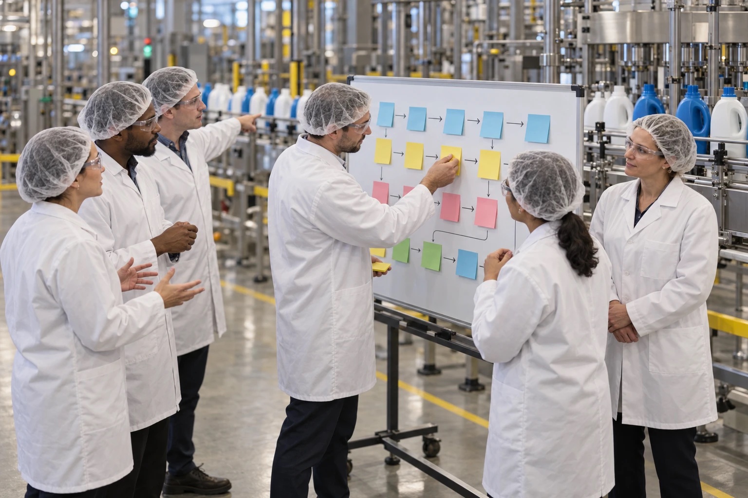 Six plant leaders in white coats, hairnets and safety glasses mapping a process with sticky notes on a whiteboard beside a household products filling line