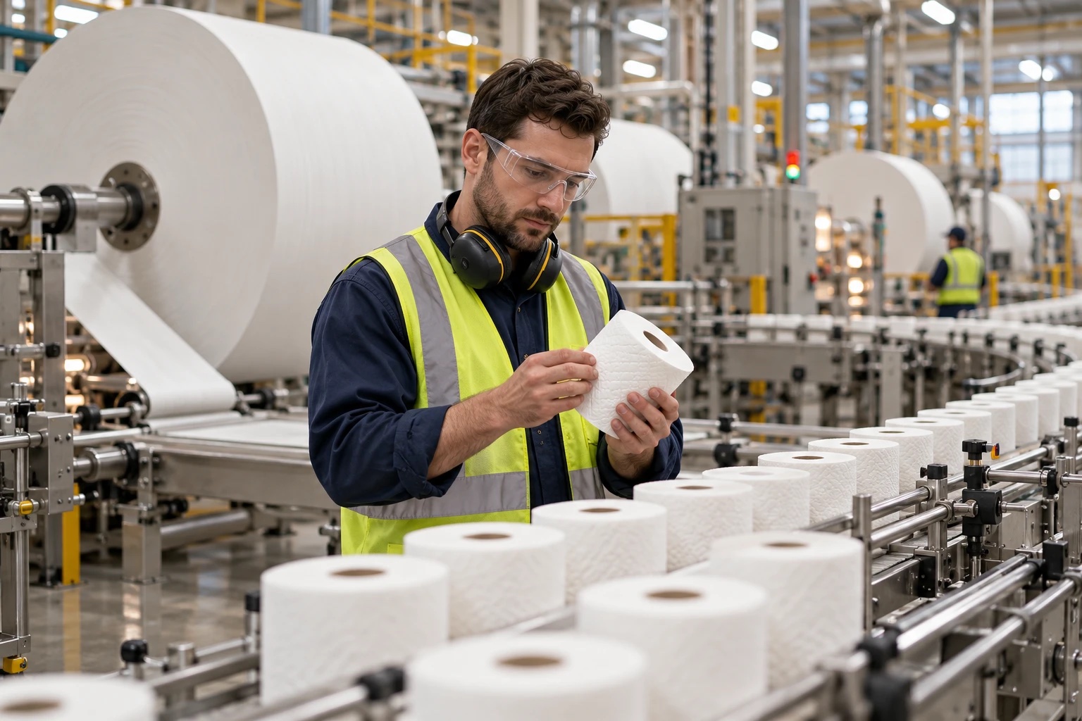 A production leader in safety glasses, hearing protection and a hi-vis vest checking a finished paper towel roll on a tissue converting line, giant parent rolls behind