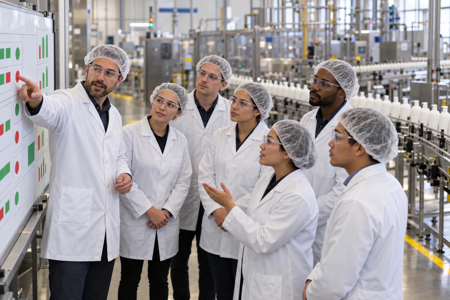 A plant leader running a morning huddle with six supervisors at a performance board on a personal care production floor