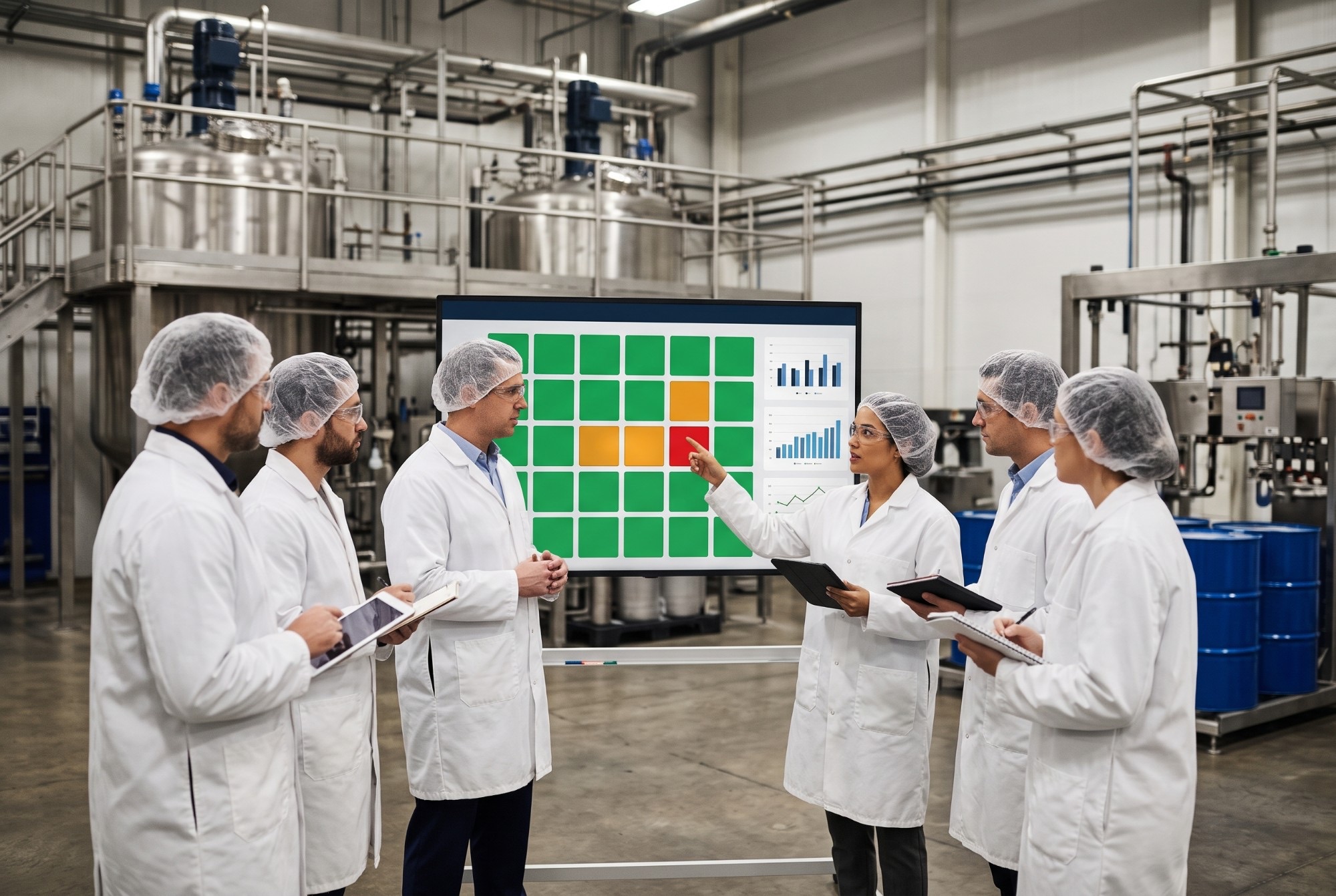 A plant manager and five department leads in white coats, hairnets and safety glasses at a daily performance board on a specialty chemicals plant floor, one pointing at the single red tile
