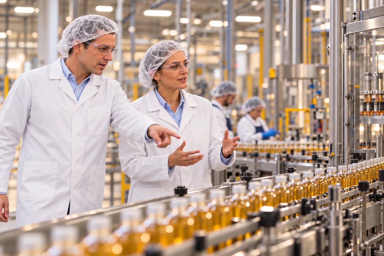 A senior operations executive and the plant manager on a beverage bottling line, he points at the line as she explains