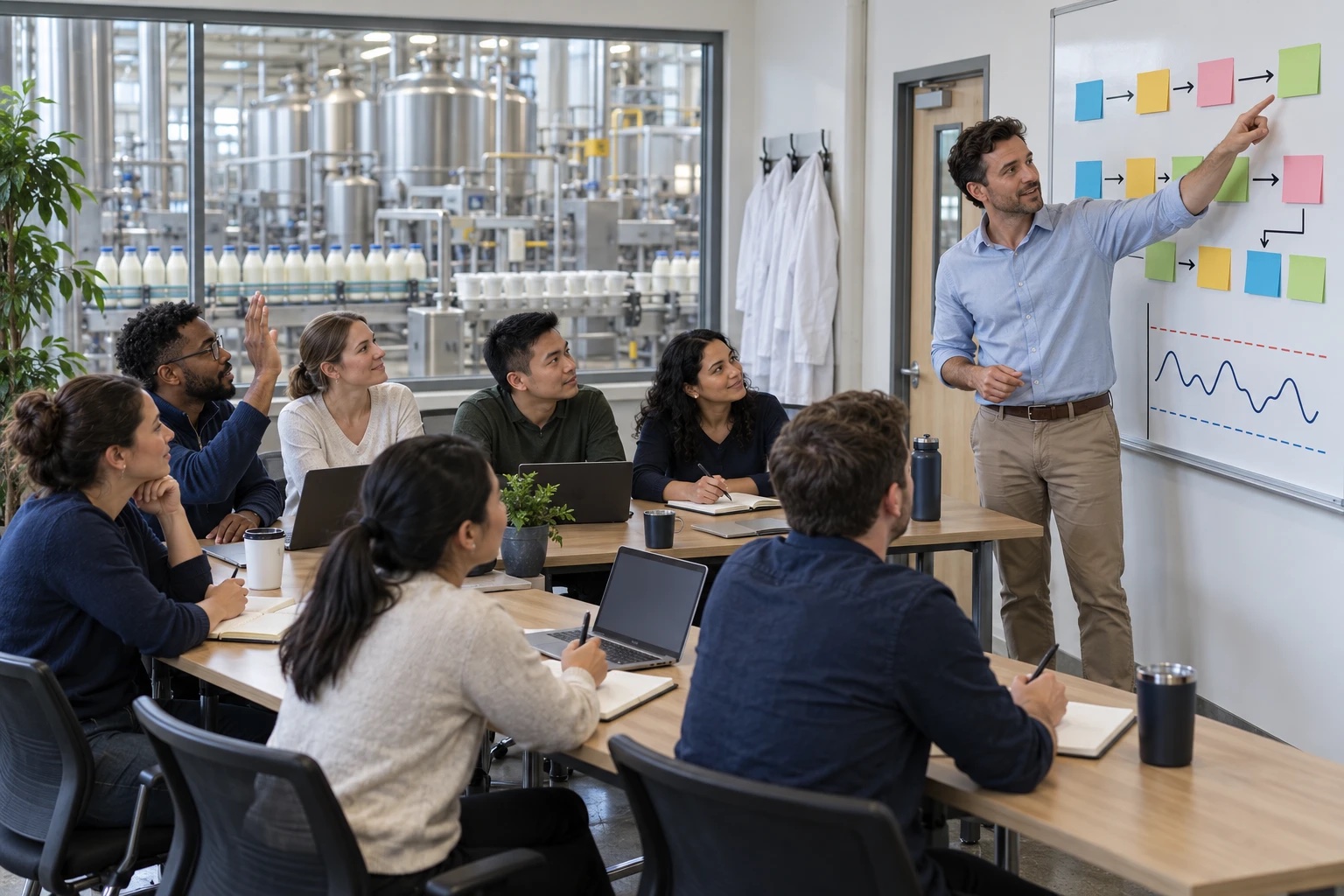 A facilitator teaching a group of plant leaders at a whiteboard value stream map, in a training room overlooking a dairy plant