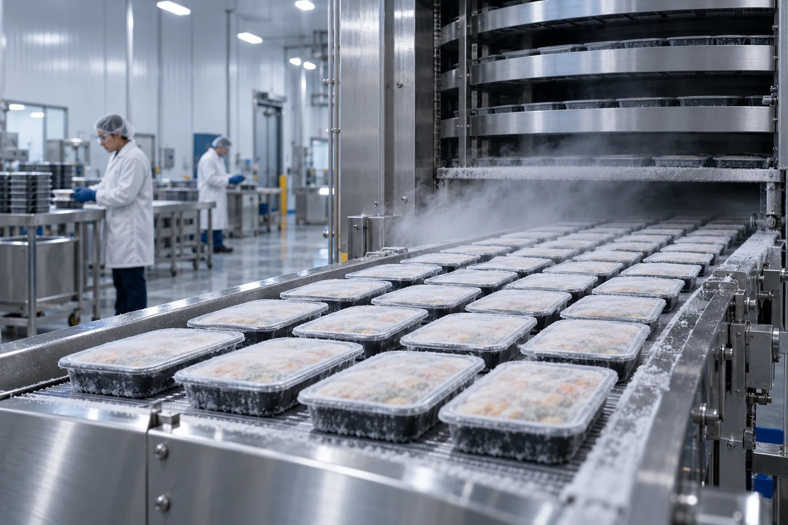 Frosted, sealed frozen meal trays coming out of a spiral freezer on a stainless conveyor in a frozen food plant