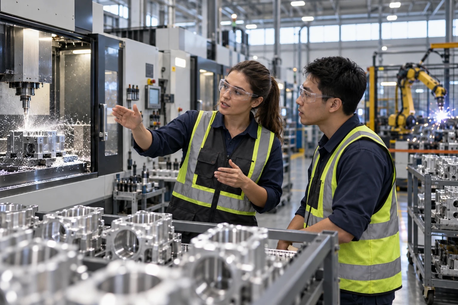 A senior operations leader in safety glasses and a hi-vis vest pointing out a running CNC machining center to a production supervisor in an automotive components plant, a robotic welding cell behind them