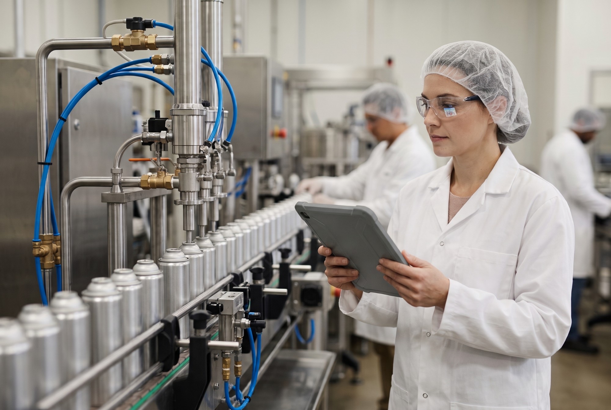 A plant leader in a white coat, hairnet and safety glasses reading line data on a tablet beside an aerosol can filling line