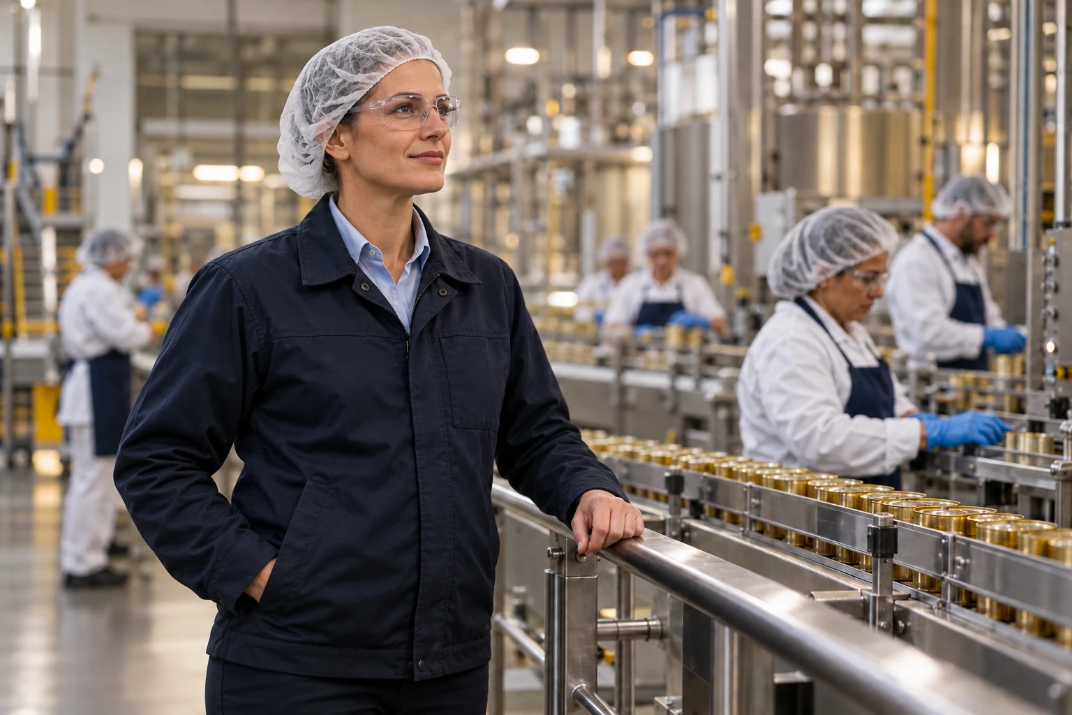 A seasoned plant manager in a hairnet and safety glasses overseeing a food canning line, her team working behind her