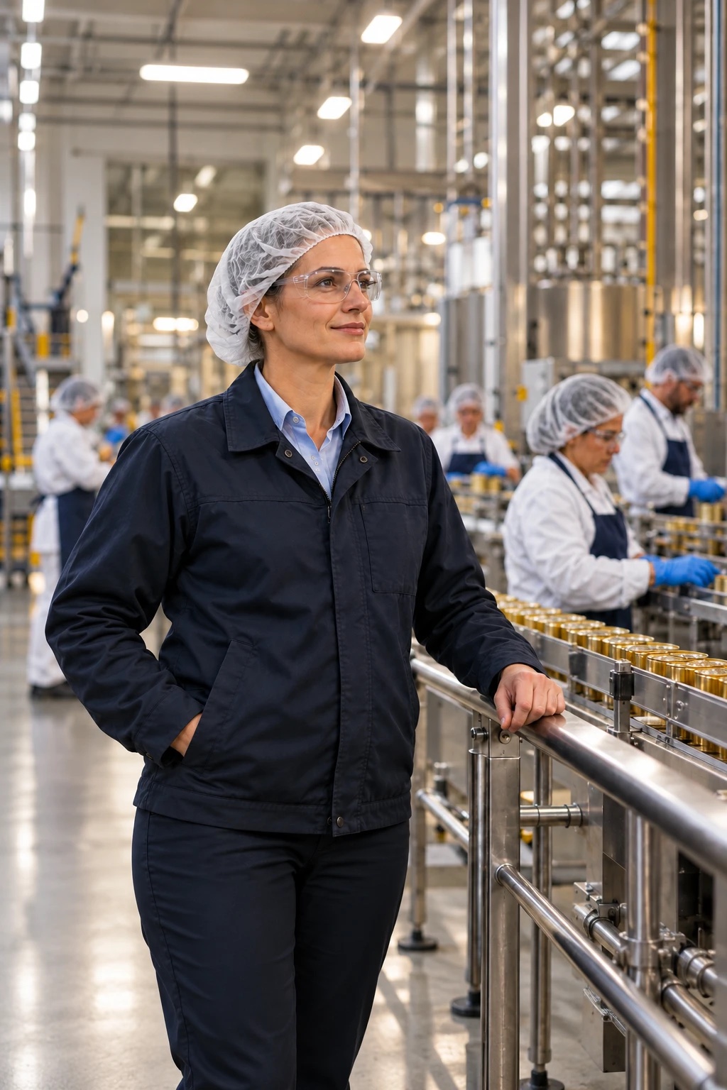 A seasoned plant manager in a hairnet and safety glasses overseeing a food canning line, her team working behind her