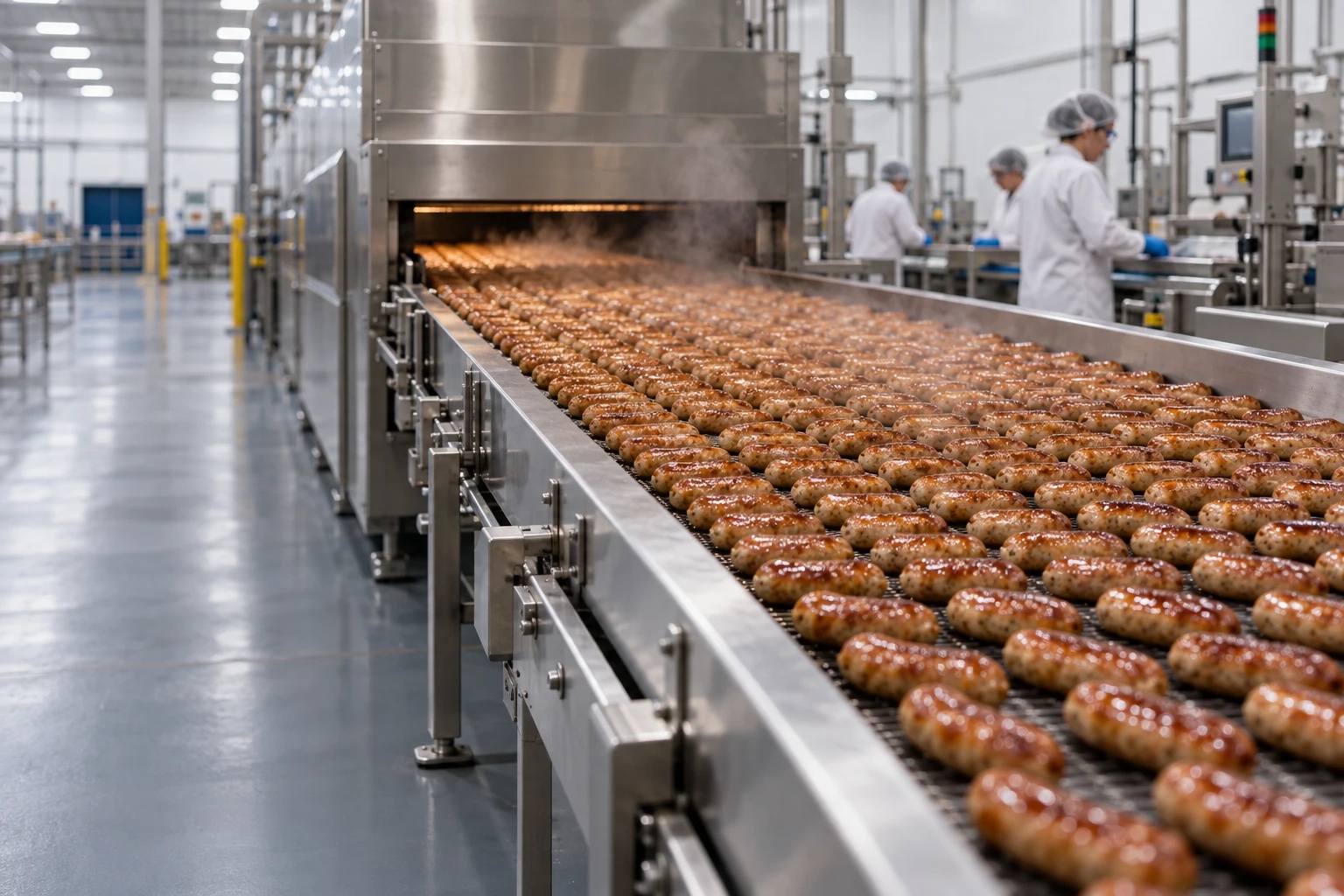 Rows of cooked sausage links coming out of a continuous oven on a stainless conveyor in a protein plant
