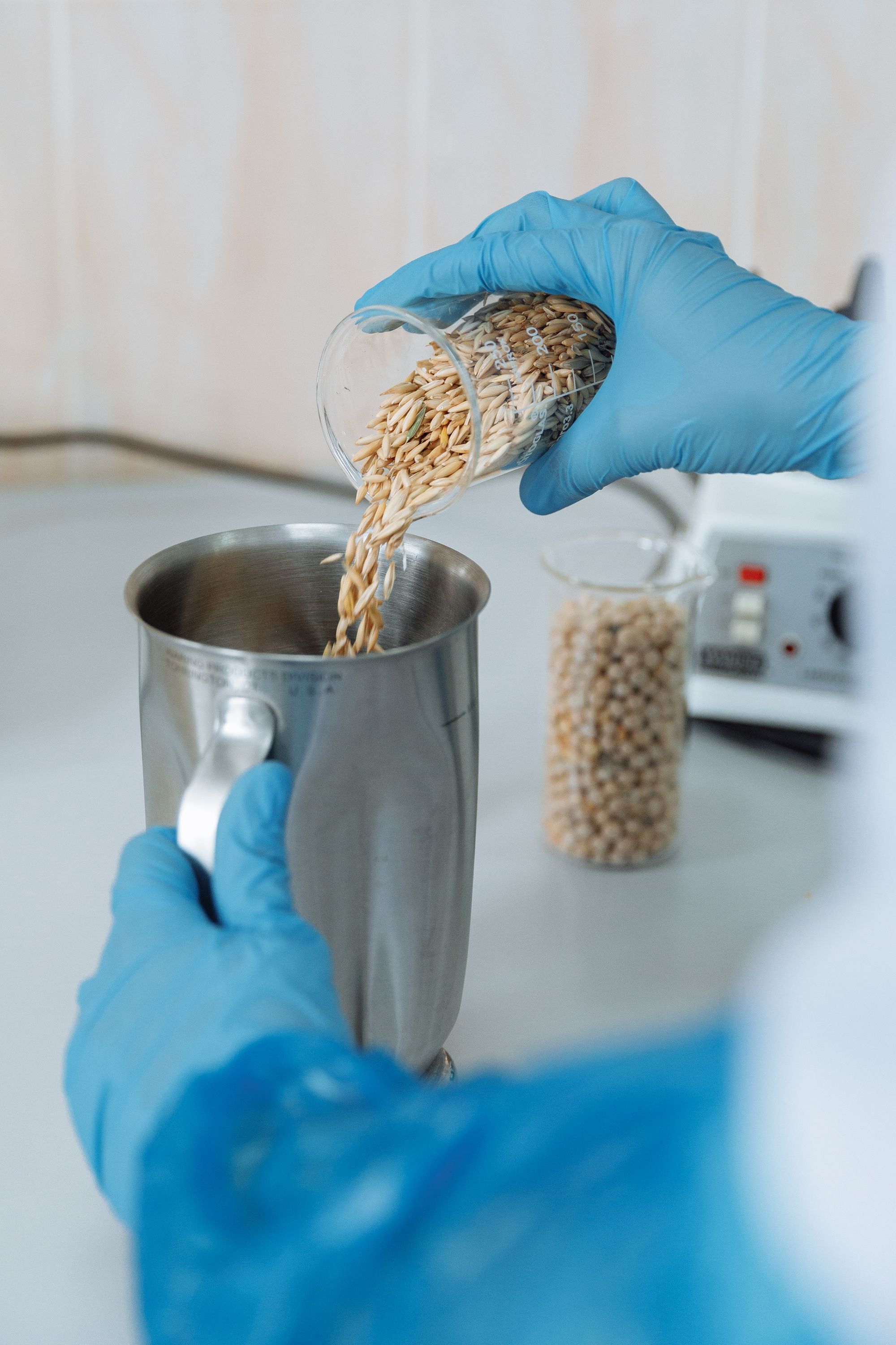 Gloved hands testing a food sample in a plant laboratory
